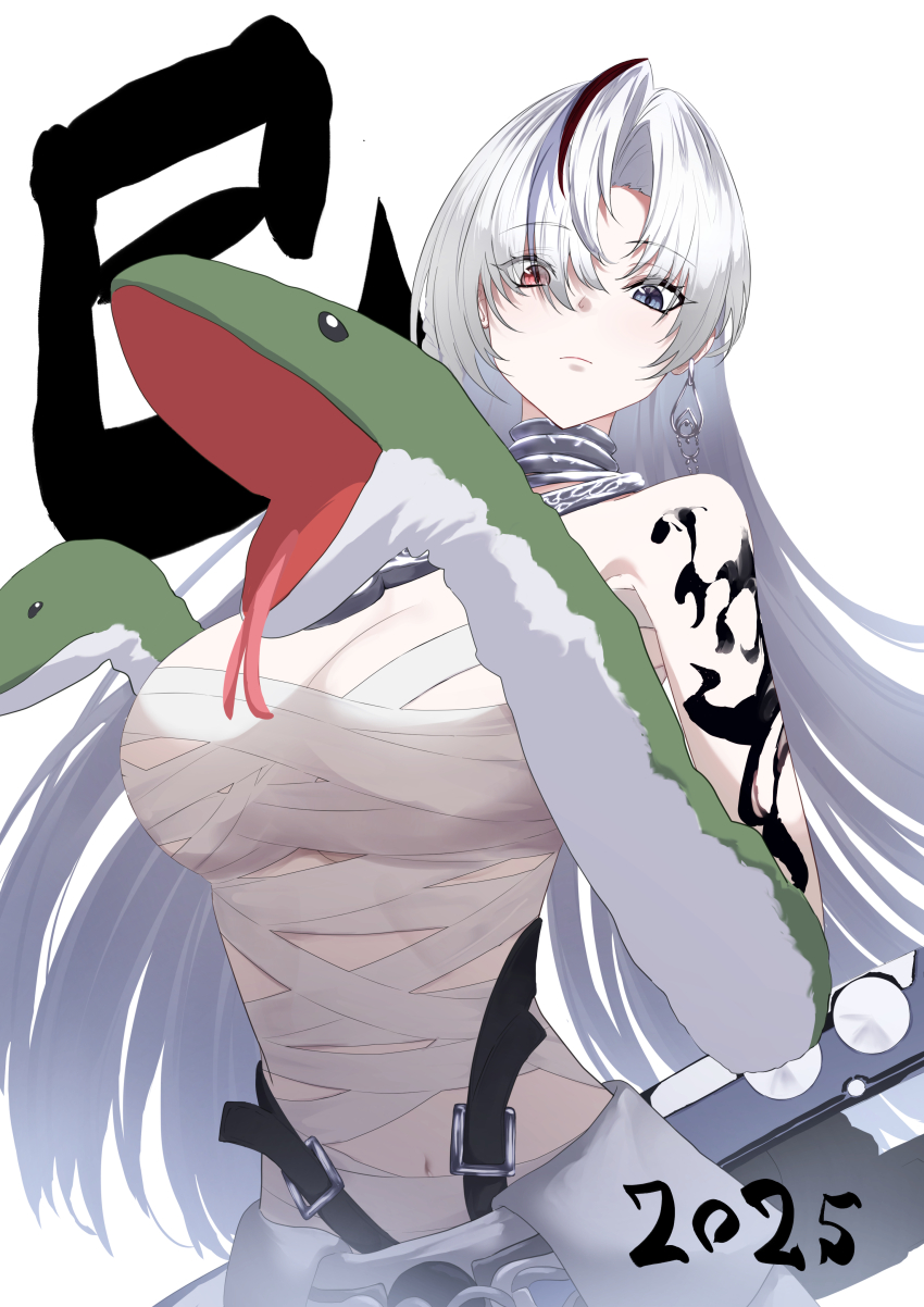 1girl 2025 absurdres alpha_(pgr) arm_tattoo bandaged_chest bandages blue_eyes breasts chinese_zodiac cleavage earrings hand_puppet heterochromia highres jewelry long_hair looking_at_viewer lucia:_crimson_weave_(pgr) lucia:_crimson_weave_(zhuolu&#039;s_rain)_(pgr) medium_breasts navel new_year punishing:_gray_raven puppet red_eyes red_streaks simple_background single_earring snake snake_puppet takashi_san tattoo white_background white_hair year_of_the_snake