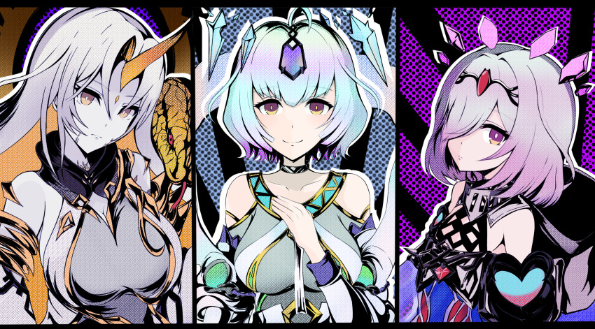 3girls absurdres ahoge bare_shoulders blue_hair circlet female_focus fire_emblem fire_emblem_heroes floating floating_object gradient_hair grey_hair gullveig_(fire_emblem) hair_over_one_eye highres horns kvasir_(fire_emblem) long_hair looking_at_viewer medium_hair multicolored_hair multiple_girls multiple_persona nenemu0 nintendo parted_bangs purple_hair seidr_(fire_emblem) short_hair single_horn smile snake yellow_eyes