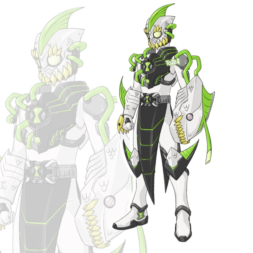 1boy alien alternate_design armor belt ben_10 ben_10:_alien_force ben_10:_omniverse ben_10:_ultimate_alien ben_tennyson bodysuit compound_eyes fins gills green_eyes green_pupils head_fins helmet highres hijab kamen_rider omnitrix rider_belt ripjaw solo spikes to_ze tokusatsu webbed_hands