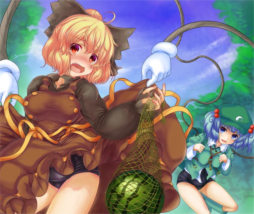 2girls backpack bag blonde_hair blue_eyes blue_hair blush bow dress em_s female_focus food fruit gloves hair_bobbles hair_bow hair_ornament hat holding kawashiro_nitori key kurodani_yamame looking_at_viewer multiple_girls one-piece_swimsuit open_mouth red_eyes ribbon school_swimsuit short_hair skindentation swimsuit swimsuit_under_clothes tentacles touhou twintails two_side_up watermelon