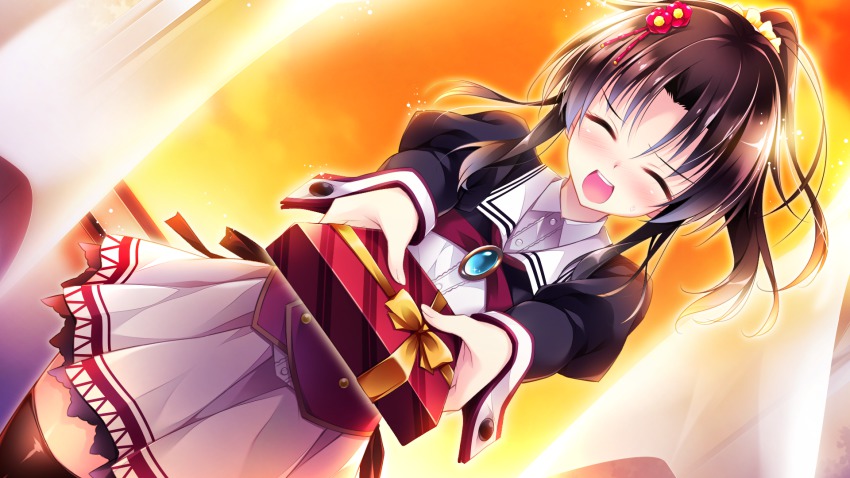 1girl black_hair black_thighhighs blush closed_eyes curtains dress embarrassed evening female_focus game_cg gift giving glowing golden_marriage hair_ornament highres incoming_gift indoors long_sleeves looking_at_viewer open_mouth pleated_dress ponytail puffy_long_sleeves puffy_sleeves school_uniform scrunchie shimakage_ruri sky smile solo sweatdrop thighhighs tsundere vest window