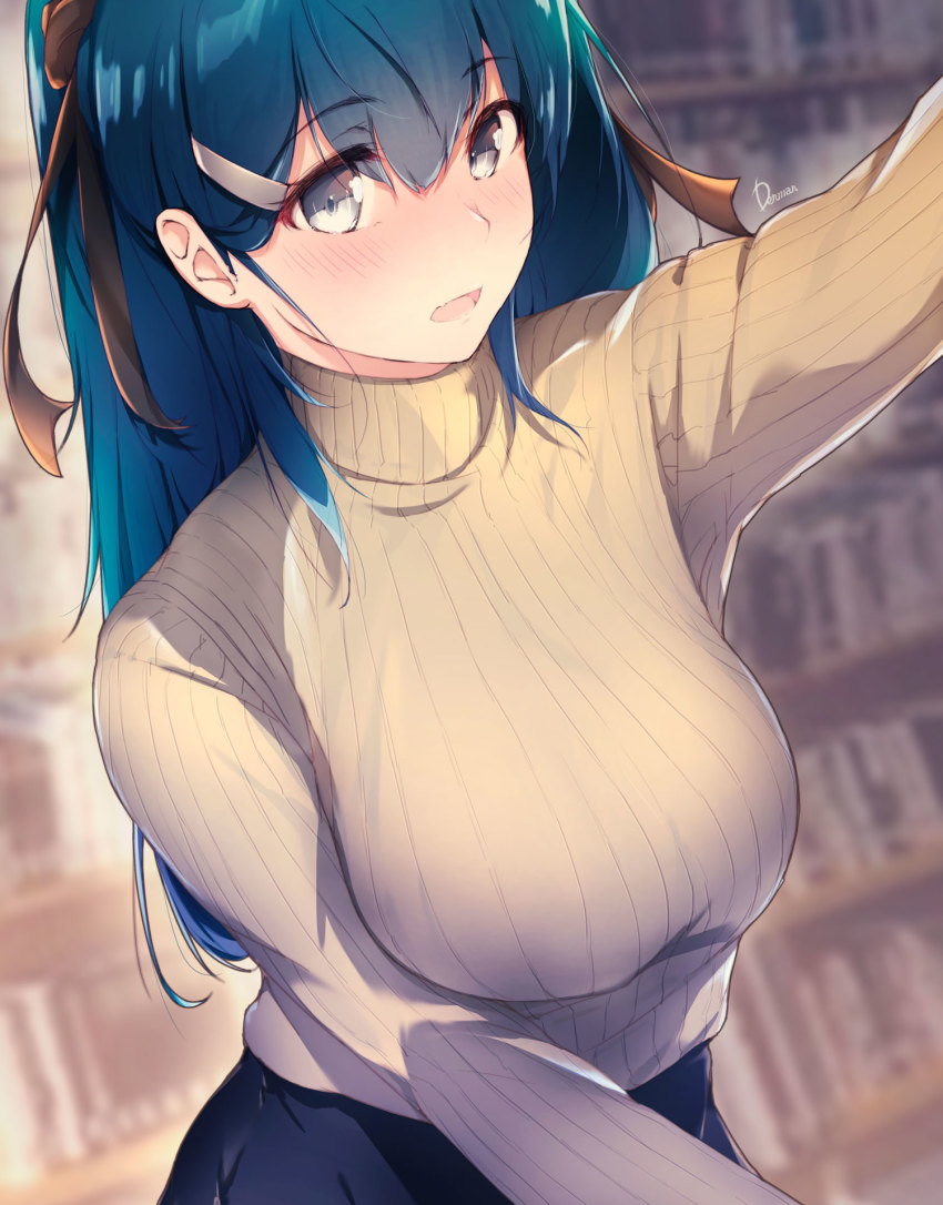 1girl black_skirt blue_hair blurry blurry_background book bookshelf breasts commentary_request dermar grey_eyes hair_between_eyes hair_ornament hair_ribbon hairclip highres indoors jaku-chara_tomozaki-kun large_breasts library long_hair long_sleeves looking_at_viewer lush open_mouth ponytail ribbed_sweater ribbon signature skirt solo sweater turtleneck turtleneck_sweater yellow_sweater