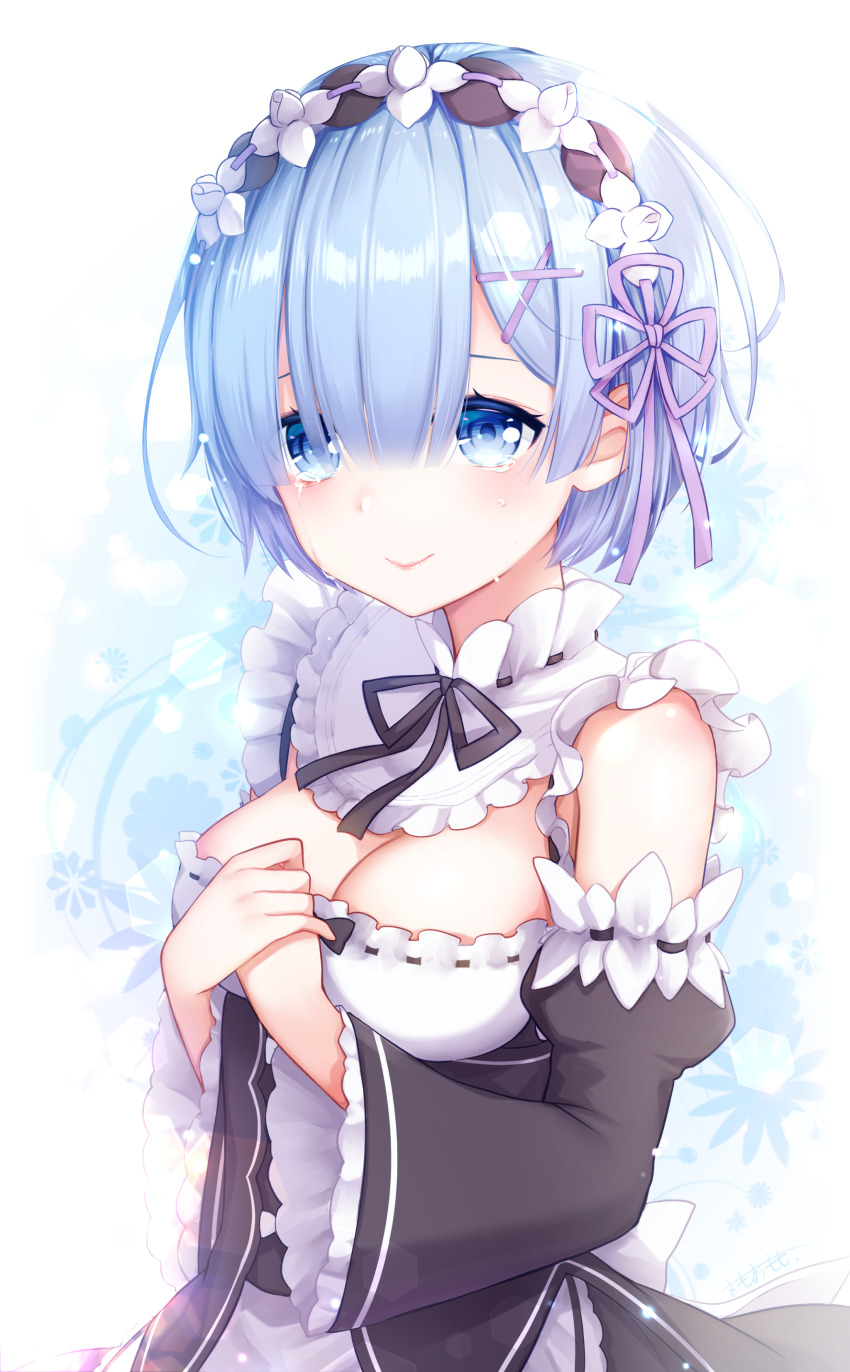 1girl absurdres bare_shoulders black_ribbon blue_eyes blue_hair blush breasts cleavage commentary_request crying detached_sleeves dress frills hair_ornament hair_over_one_eye hair_ribbon highres looking_at_viewer maid maid_headdress medium_breasts neck_ribbon omoomomo pink_ribbon re:zero_kara_hajimeru_isekai_seikatsu rem_(re:zero) ribbon short_hair smile solo tears x_hair_ornament