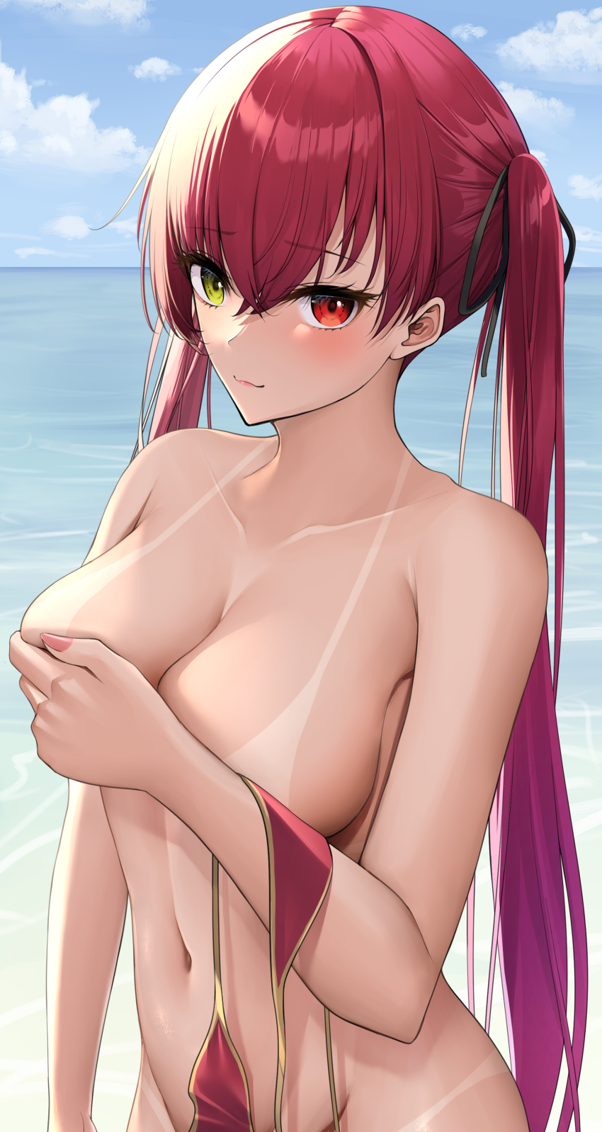 1girl absurdres bikini black_ribbon breasts closed_mouth cloud covering_breasts covering_privates day hair_ribbon heterochromia highres holding holding_unworn_clothes holding_swimsuit holding_unworn_clothes hololive houshou_marine houshou_marine_(summer) laimer large_breasts long_hair navel ocean outdoors red_eyes red_hair ribbon sky solo stomach swimsuit tan tanline twintails unworn_bikini virtual_youtuber yellow_eyes