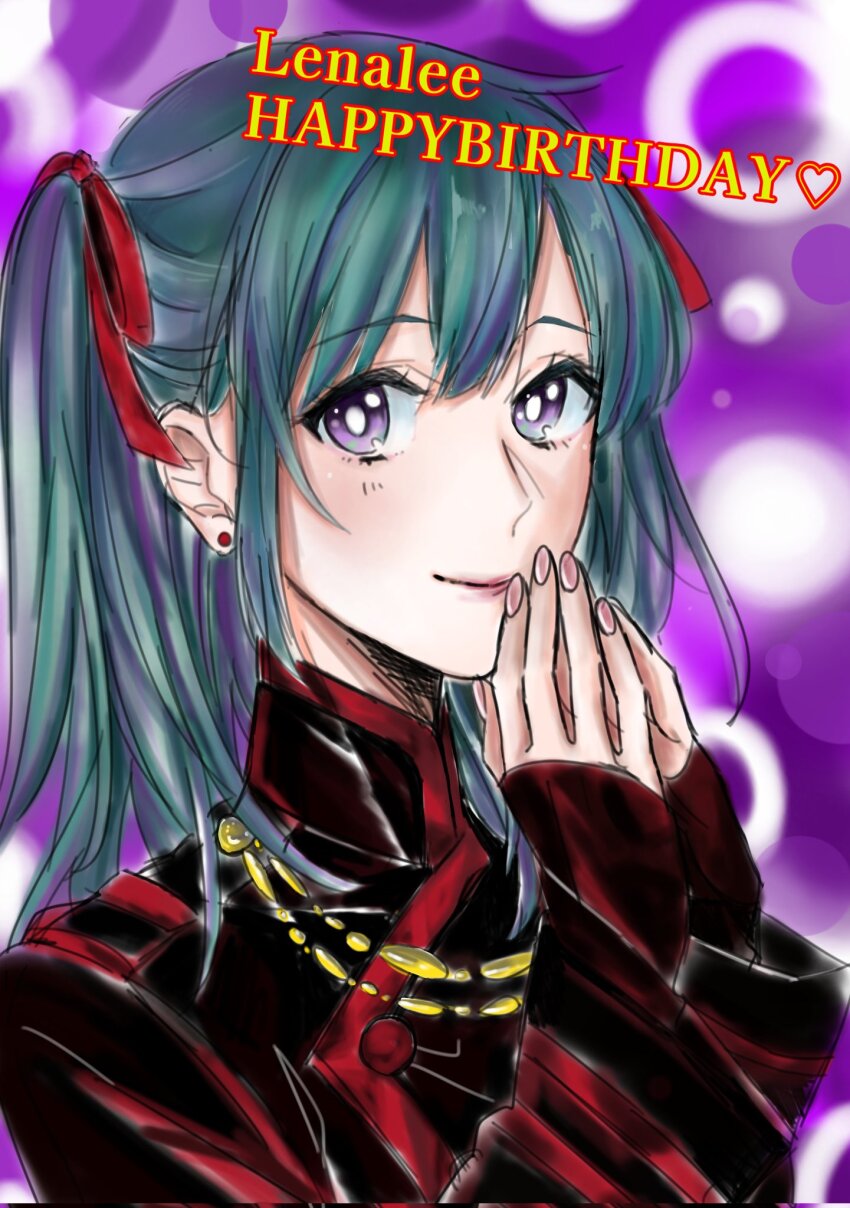 1girl aki_(aki_art_1277) black_coat black_order_uniform coat d.gray-man earrings fingerless_gloves gloves green_hair hair_ribbon happy_birthday highres jewelry lenalee_lee looking_at_viewer medium_hair military military_uniform own_hands_together pink_lips pink_nails purple_background purple_eyes red_gloves red_ribbon red_stripes ribbon smile solo striped_coat two_side_up