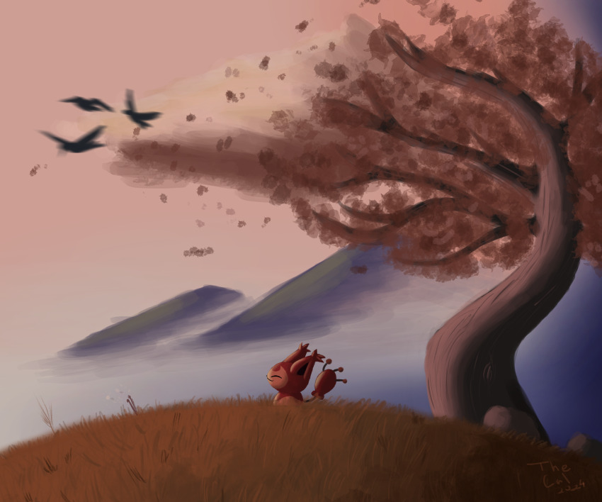 absurdres alternate_color autumn_leaves bird creatures_(company) flower game_freak gen_3_pokemon highres leaf looking_afar looking_to_the_side morning mountain mountainous_horizon nintendo outdoors pokemon self-upload shiny_pokemon skitty the_cal