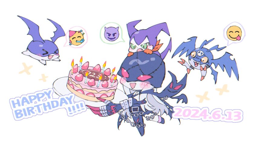 &gt;_&lt; black_bodysuit blush blush_stickers bodysuit cake chibi colored_sclera colored_skin dated demon demon_girl digimon digimon_(creature) fang food gift_art green_eyes grey_hair happy_birthday head_wings impmon ladydevimon long_hair nagoshi open_mouth picodevimon red_eyes simple_background smiley_face tsukaimon white_background white_skin wings yellow_sclera