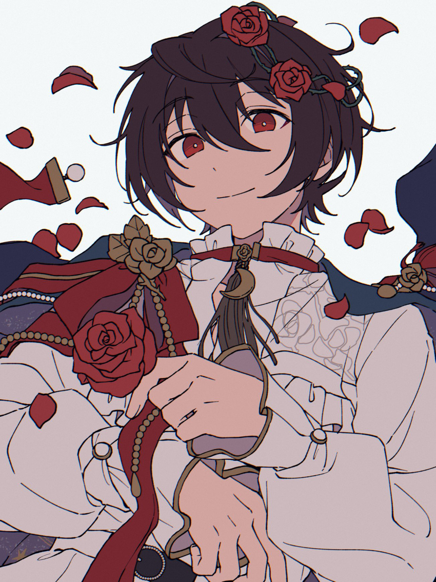 1boy black_hair bright_pupils cape chromatic_aberration closed_mouth collar ensemble_stars! falling_petals flower frilled_collar frilled_sleeves frills hair_between_eyes hair_flower hair_ornament hand_on_own_stomach high_collar highres holding holding_flower light_smile long_sleeves male_focus messy_hair niyororinpayamaru petals red_eyes red_flower red_petals red_rose rose sakuma_ritsu short_hair simple_background sleeves_past_wrists smile solo split_mouth upper_body white_background white_pupils wind