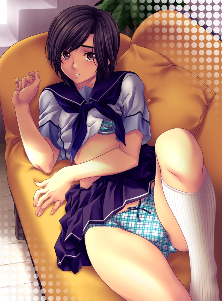 1girl alternate_hairstyle bra brown_eyes brown_hair couch female_focus highres indoors kneehighs lingerie looking_at_viewer love_plus midriff nagayori panties plaid_bra plaid_clothes plaid_panties school_uniform short_hair short_sleeves socks solo takane_manaka underwear white_socks yellow_upholstery