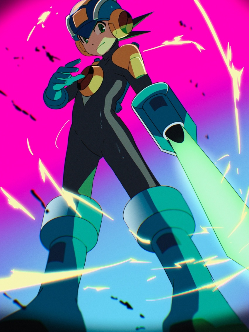 1boy 3suisousui arm_blade blue_background blue_bodysuit blue_helmet bodysuit energy_sword full_body gradient_background green_eyes helmet highres male_focus mega_man_(series) mega_man_battle_network_(series) megaman.exe purple_background solo spiked_hair sword weapon