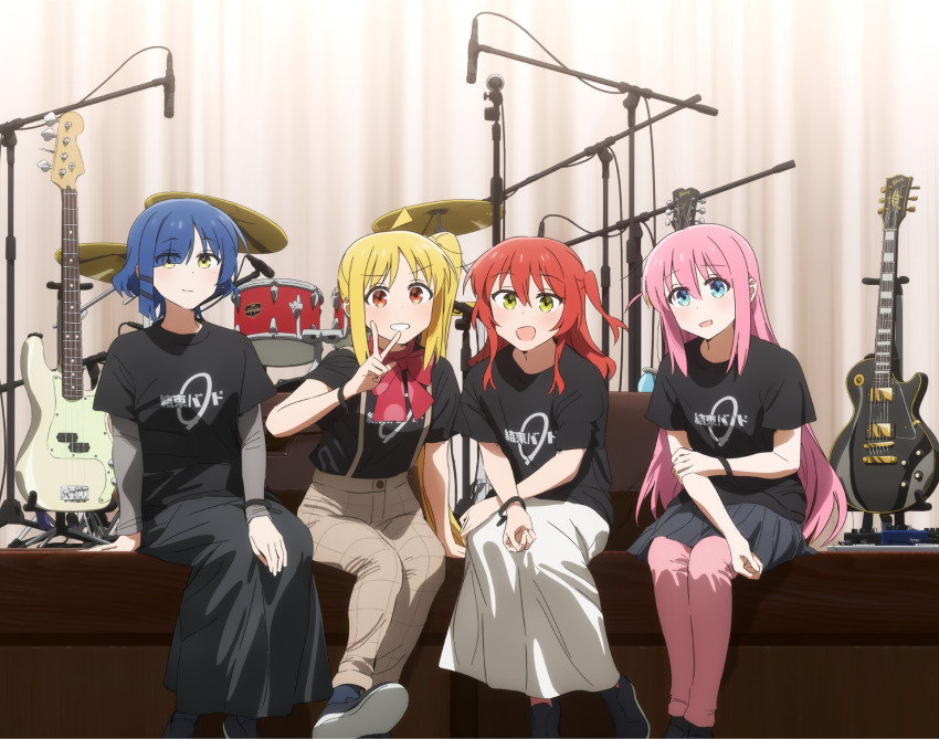 4girls ahoge artist_request bass_guitar blonde_hair blue_eyes blue_hair bocchi_the_rock! bow bowtie detached_ahoge drum drum_set effects_pedal electric_guitar fender_precision_bass gibson_les_paul gotoh_hitori green_eyes guitar hand_on_own_arm highres ijichi_nijika instrument kessoku_band kessoku_band_logo kessoku_band_t-shirt kita_ikuyo long_hair looking_at_viewer mole mole_under_eye multiple_girls official_art one_side_up open_mouth pants pants_under_skirt pedal_board pink_hair pink_pants red_bow red_bowtie red_eyes red_hair short_hair side_ahoge side_ponytail sitting skirt smile stage suspenders v white_skirt yamada_ryo yellow_eyes