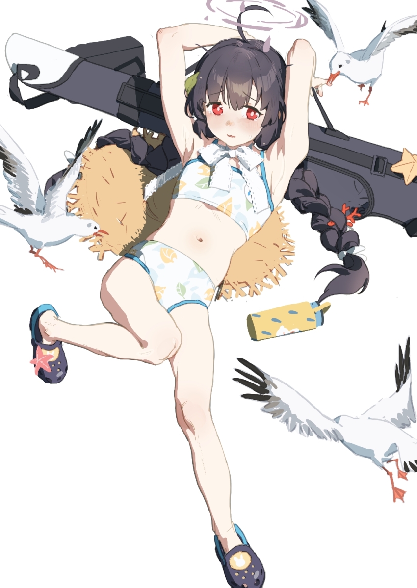 1girl ahoge armpits arms_up bikini bird black_hair blue_archive braid breasts bright_pupils chinese_commentary choker commentary_request congming_lan crocs facing_viewer floral_print full_body grey_halo halo hat_on_back highres lace lace_choker long_hair looking_ahead lying miyu_(blue_archive) miyu_(swimsuit)_(blue_archive) official_alternate_costume on_back parted_lips print_bikini red_eyes seagull simple_background small_breasts solo swimsuit tears twin_braids white_background white_bikini white_pupils