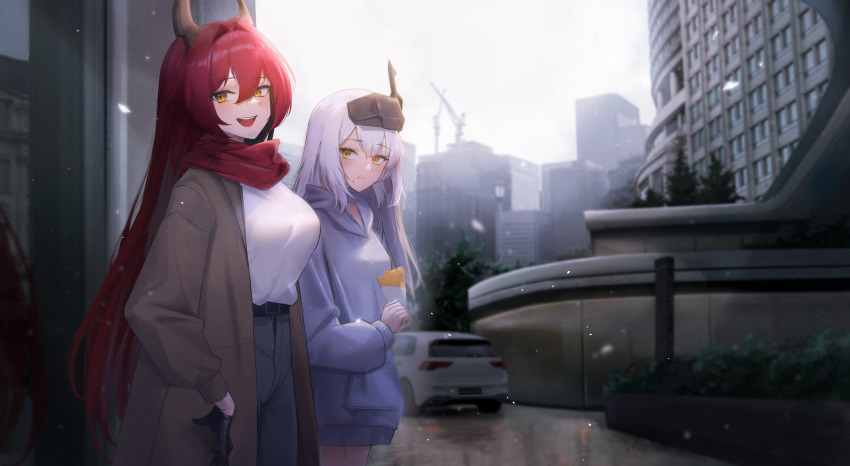 2girls :d absurdres bluh blush breasts brown_coat car city coat crop_top eating food goddess_of_victory:_nikke hair_between_eyes headgear high-waist_pants highres holding hood hood_down hoodie horns large_breasts long_hair maviss_03 mechanical_horns motor_vehicle multiple_girls navel open_mouth orange_eyes pants red_hair red_hood_(nikke) red_scarf scarf smile snow_white_(innocent_days)_(nikke) snow_white_(nikke) snowing sweater very_long_hair white_hair white_hoodie white_sweater