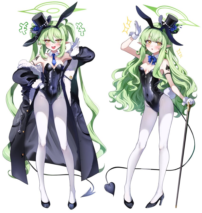 2girls absurdres animal_ears bare_shoulders black_coat black_hat black_leotard blue_archive blush bow bowtie breasts cane coat covered_navel detached_collar fake_animal_ears fake_tail full_body gloves green_hair halo hat highleg highleg_leotard highres hikari_(blue_archive) leotard long_hair long_sleeves looking_at_viewer multiple_girls necktie nozomi_(blue_archive) off_shoulder open_mouth pantyhose peaked_cap playboy_bunny pointy_ears rabbit_ears rabbit_tail sak_(lemondisk) sidelocks simple_background small_breasts smile tail top_hat very_long_hair white_background white_gloves white_pantyhose wrist_cuffs yellow_eyes