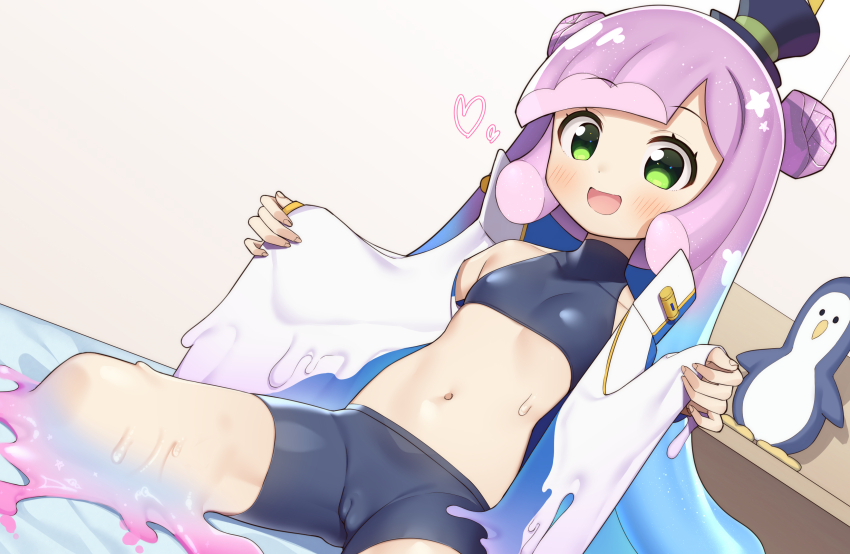 1girl :d absurdres bare_shoulders bed bike_shorts black_hat black_shorts blue_hair blush breasts cameltoe collarbone covered_collarbone double_bun gradient_hair green_eyes hair_bun hat heart highres jacket melting mini_hat mini_top_hat monster_girl multicolored_hair navel on_bed open_clothes open_jacket open_mouth partner_(kprtnr) puniru_(puniru_wa_kawaii_slime) puniru_wa_kawaii_slime purple_hair short_shorts shorts slime_girl small_breasts smile solo top_hat white_jacket