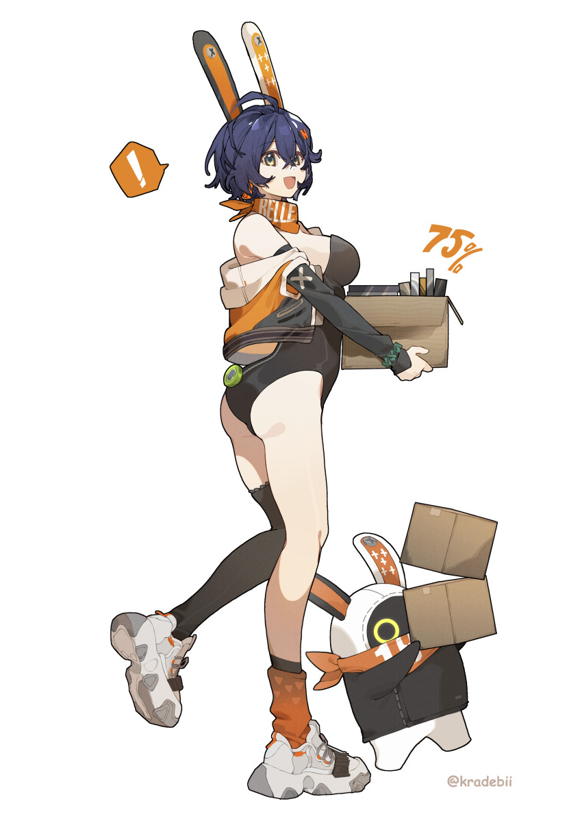 ! 1girl :d absurdres adapted_costume animal_ear_hairband animal_ears asymmetrical_legwear bandana bandana_around_neck belle_(zenless_zone_zero) black_leotard black_sleeves blue_hair box breasts detached_sleeves eous_(zenless_zone_zero) fake_animal_ears hair_ornament hairband highres holding holding_box kradebii large_breasts leotard letter_hair_ornament off_shoulder open_mouth orange_bandana playboy_bunny rabbit_ear_hairband rabbit_ears shoes short_hair simple_background single_thighhigh sleeveless sleeveless_jacket smile solo spoken_exclamation_mark strapless strapless_leotard thighhighs white_background white_footwear zenless_zone_zero