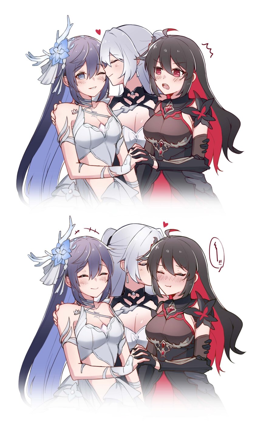 3girls absurdres arm_around_shoulder black_dress black_hair blue_eyes blue_flower blue_hair blush breasts bronya_zaychik bronya_zaychik_(silverwing:_n-ex) cleavage closed_eyes closed_mouth colored_inner_hair commentary dress flower girl_sandwich grey_hair hair_flower hair_ornament heart highres honkai_(series) honkai_impact_3rd kiss kissing_cheek long_hair multicolored_hair multiple_girls nose_blush one_eye_closed open_mouth red_eyes red_raid sandwiched seele_(alter_ego) seele_vollerei seele_vollerei_(herrscher_of_rebirth) seele_vollerei_(starchasm_nyx) sleeveless sleeveless_dress strapless strapless_dress sunny_day_9797 symbol-only_commentary two-tone_hair very_long_hair white_dress yuri