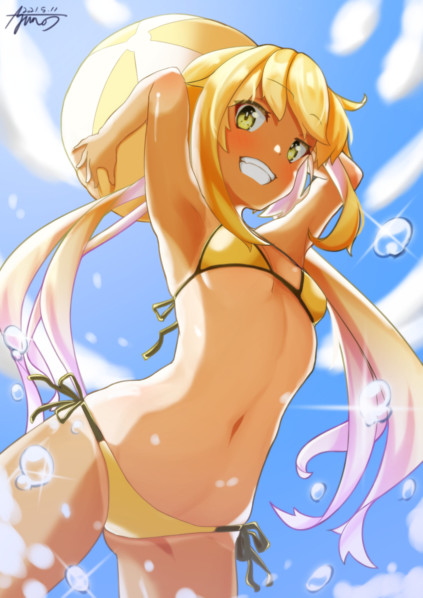 1girl absurdres ayuman ball beachball bikini blonde_hair blue_sky breasts cloud dated from_below halterneck highres kantai_collection long_hair low_twintails navel satsuki_(kancolle) side-tie_bikini_bottom sky small_breasts smile solo string_bikini swimsuit twintails very_long_hair water_drop yellow_bikini yellow_eyes