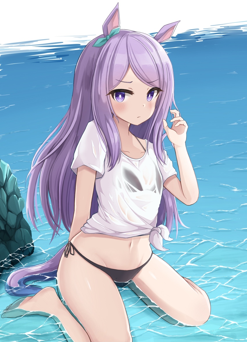 1girl absurdres animal_ears aqua_bow bare_legs barefoot bikini black_bikini blush bow closed_mouth commentary_request full_body gokurin hair_bow halterneck hand_up highres horse_ears horse_girl horse_tail in_water long_hair looking_at_viewer mejiro_mcqueen_(umamusume) midriff navel ocean parted_bangs purple_eyes purple_hair rock see-through_clothes shirt short_sleeves side-tie_bikini_bottom sidelocks sitting solo stomach swimsuit tail tied_shirt umamusume wariza wet wet_clothes