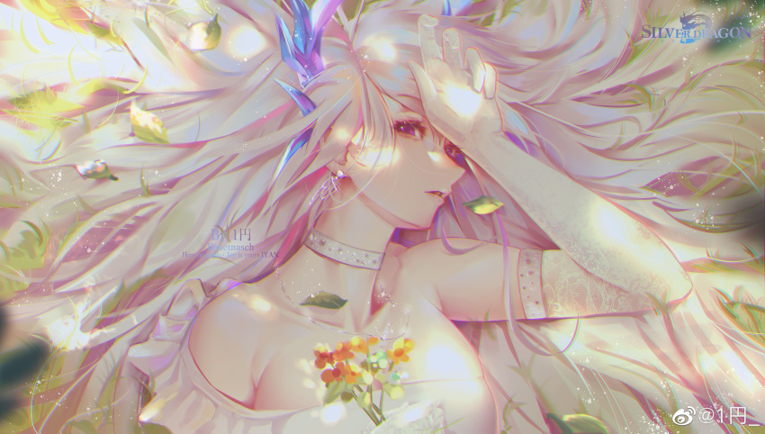 1_yuan 1girl absurdres bare_shoulders douluo_dalu dress earrings flower grass gu_yuena highres horns jewelry leaf long_hair looking_at_viewer lying on_side purple_eyes silver_hair solo wedding_dress