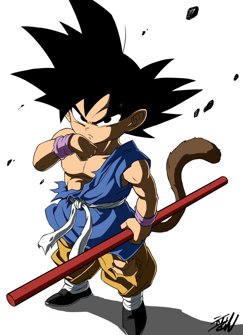 1boy absurdres black_eyes black_hair child commentary dragon_ball dragon_ball_gt frown full_body highres liedein male_focus monkey_tail muscular muscular_child muscular_male ruyi_jingu_bang serious shadow signature solo son_goku tail torn_clothes wristband