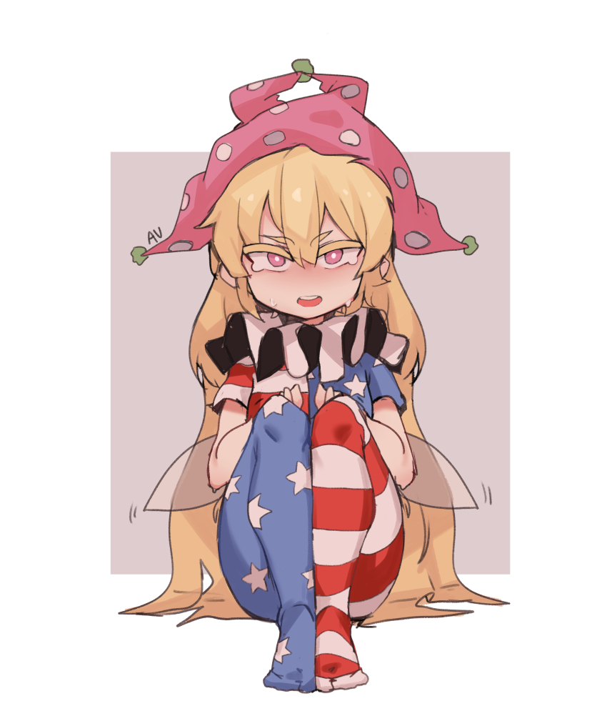 1girl absurdres american_flag_dress american_flag_legwear bad_id bad_pixiv_id blonde_hair clownpiece dress fairy_wings full_body hair_between_eyes hat highres jester_cap long_hair looking_at_viewer neck_ruff pantyhose pink_eyes pink_hat polka_dot short_sleeves sitting solo soya6479 star_(symbol) star_print striped touhou very_long_hair wings