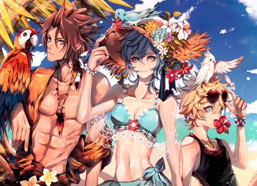 1girl 2boys aqua_(kingdom_hearts) beach bikini bird black_shirt blonde_hair blouse blue_bikini blue_hair breasts brown_hair cleavage cockatoo day eyewear_on_head flower hat hat_flower kingdom_hearts kingdom_hearts_birth_by_sleep kvover_(applebloom) looking_at_viewer multiple_boys navel palm_tree parrot shirt spiked_hair stomach straw_hat sunglasses swimsuit terra_(kingdom_hearts) tree ventus_(kingdom_hearts)