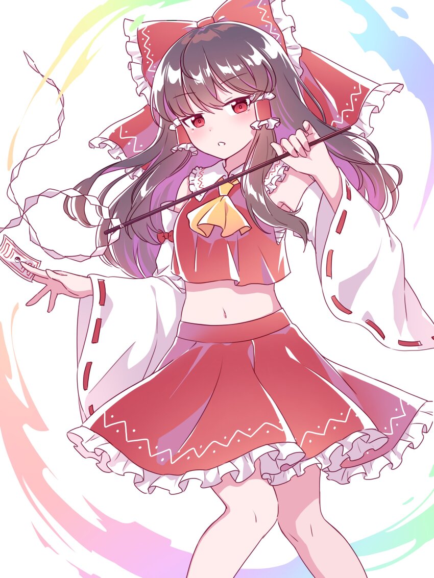 1girl absurdres ascot bare_shoulders between_fingers bow brown_hair commentary cowboy_shot crop_top cropped_shirt detached_sleeves frilled_bow frilled_hair_tubes frilled_shirt_collar frilled_skirt frills gohei hair_bow hair_tubes hakurei_reimu hand_up highres holding holding_gohei kaoling long_hair long_sleeves looking_at_viewer midriff navel ofuda parted_lips red_bow red_eyes red_shirt red_skirt ribbon-trimmed_sleeves ribbon_trim shide shirt sidelocks skirt sleeveless sleeveless_shirt solo standing touhou white_background white_sleeves wide_sleeves yellow_ascot yin_yang