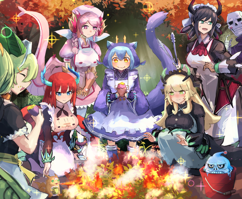 1boy 6+girls autumn autumn_leaves black_dress black_hair blonde_hair blue_eyes blue_hair blue_kimono bonfire bucket chamber_dragonmaid character_request dragon_girl dragon_horns dragon_tail dress duel_monster eating everyone fire food green_eyes green_hair hatano_kiyoshi highres horns house_dragonmaid japanese_clothes kimono kitchen_dragonmaid laundry_dragonmaid leaf maid multiple_girls nurse_dragonmaid parlor_dragonmaid pink_dress pink_eyes pink_hair poki_draco red_hair skeleton skull_servant sweet_potato tail wa_maid yellow_eyes yu-gi-oh!