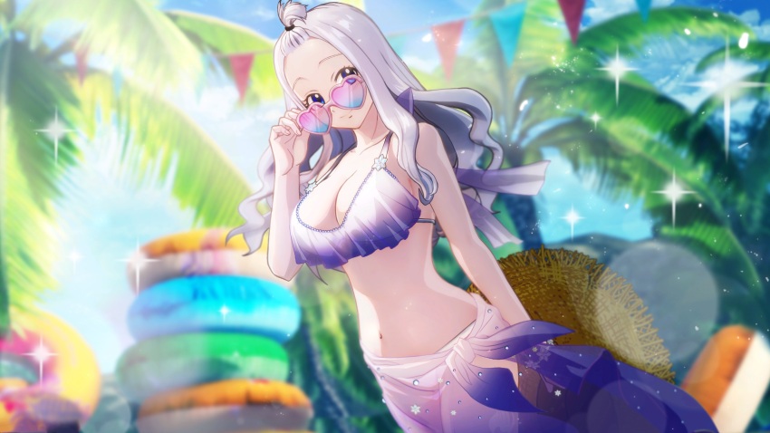 1girl bikini blue_eyes breasts cleavage fairy_tail large_breasts long_hair mirajane_strauss navel official_art sarong solo swimsuit