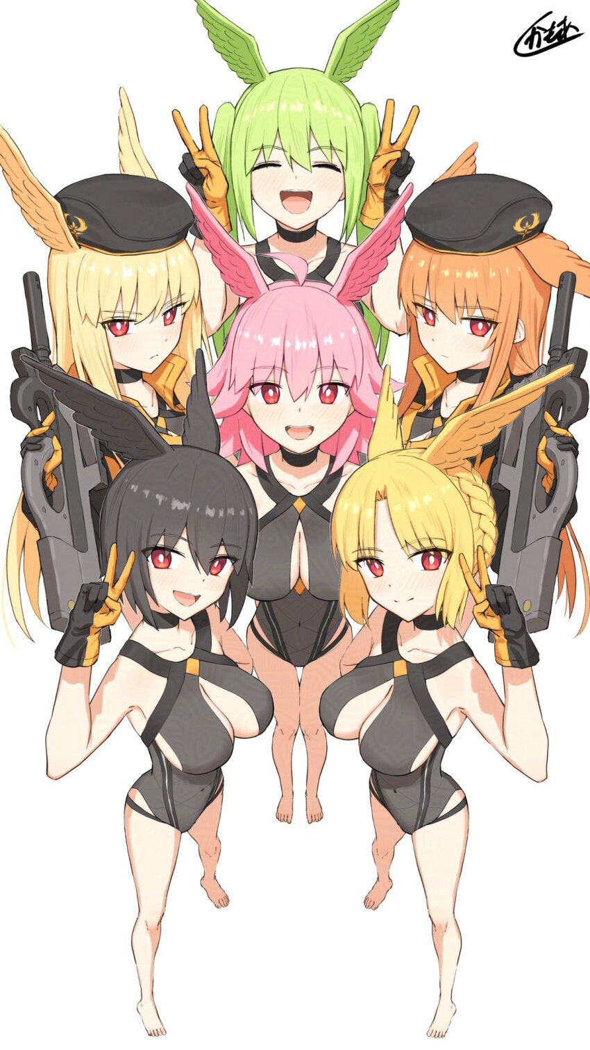 6+girls ahoge bare_shoulders black_hair black_hat blonde_hair breasts bullpup collarbone fate/grand_order fate_(series) feathered_wings geirskogul_(fate) gloves green_hair gun hat head_wings highres hildr_(fate) holding holding_gun holding_weapon kamo_ashi large_breasts multiple_girls olrun_(fate) open_mouth orange_hair ortlinde_(fate) p90 personal_defense_weapon red_eyes rindr_(fate) siblings signature sisters smile submachine_gun thrud_(fate) v valkyrie_(fate) weapon wings