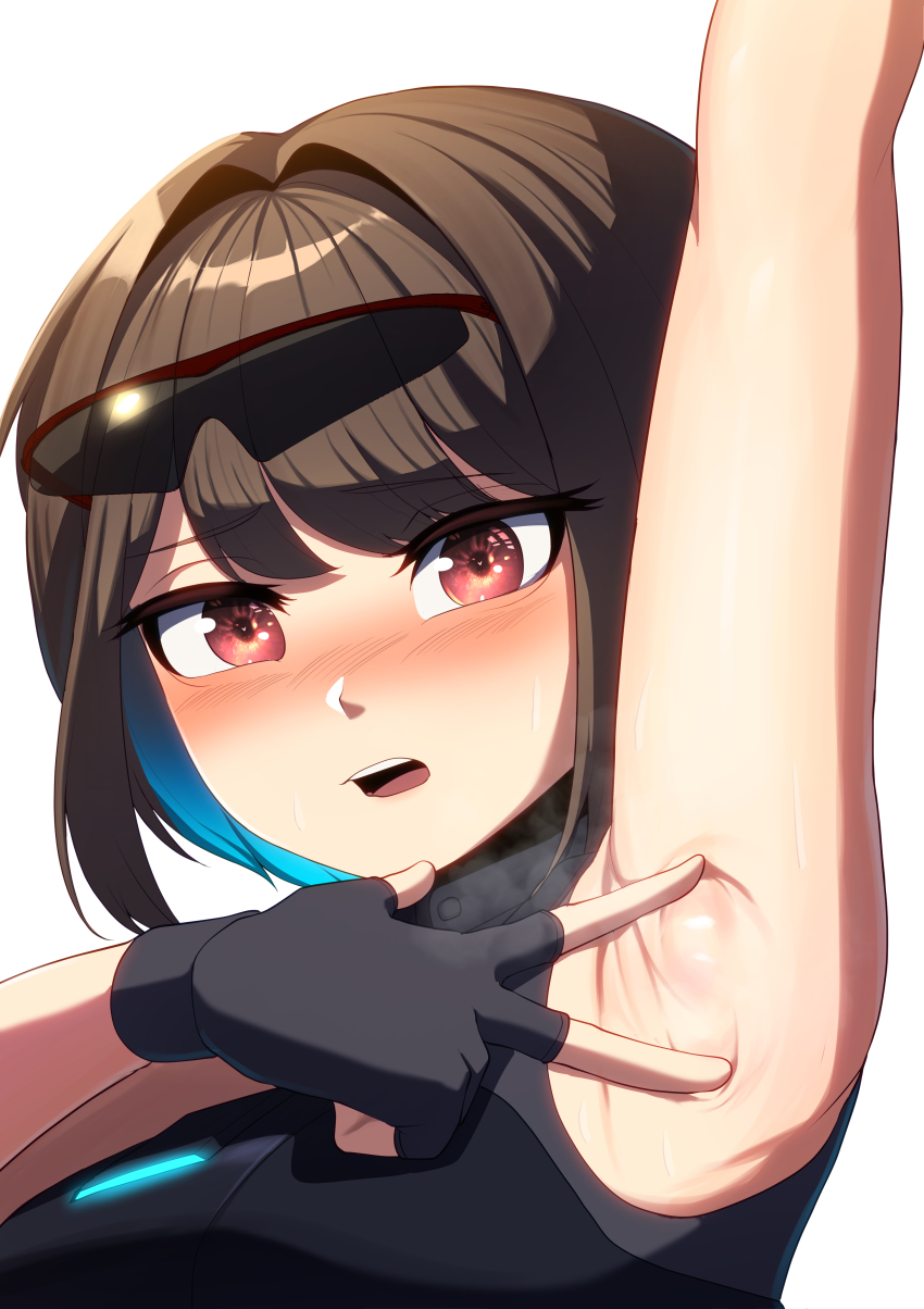 1girl absurdres arm_up armpit_focus armpits black_gloves black_survival brown_hair colored_inner_hair crop_top embarrassed estelle_(black_survival) eternal_return:_black_survival eyewear_on_head fingerless_gloves frostblossom gloves highres looking_at_viewer multicolored_hair official_alternate_costume presenting_armpit red_eyes solo spread_armpit steaming_body sunglasses sweat two-tone_hair upper_body v