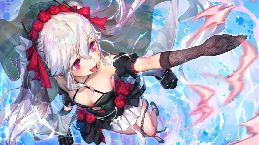 1girl alternate_costume arm_garter azur_lane bare_shoulders bat_(animal) black_dress black_gloves black_thighhighs blush bow breasts bridal_veil chain chromatic_aberration cleavage cleavage_cutout clothing_cutout collarbone dress dress_bow elbow_gloves fang fang_out female_focus floating_hair flower from_above from_below gloves gorgeous_mushroom hair_between_eyes hair_ornament hair_ribbon highres jewelry light_particles long_hair looking_afar motion_blur open_mouth petals red_eyes ribbon rigging ring rose sidelocks silver_hair silver_wings small_breasts smile solo standing thighhighs tiara torpedo_launcher twintails underwear vampire_(azur_lane) veil very_long_hair wind window wings