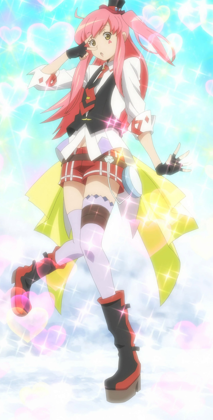 10s 1girl absurdres anime_screenshot bishie_sparkle boots female_focus gender_request genderswap highres log_horizon long_hair pink_hair shorts solo sparkle tetra_(log_horizon) thigh_boots thighhighs yellow_eyes