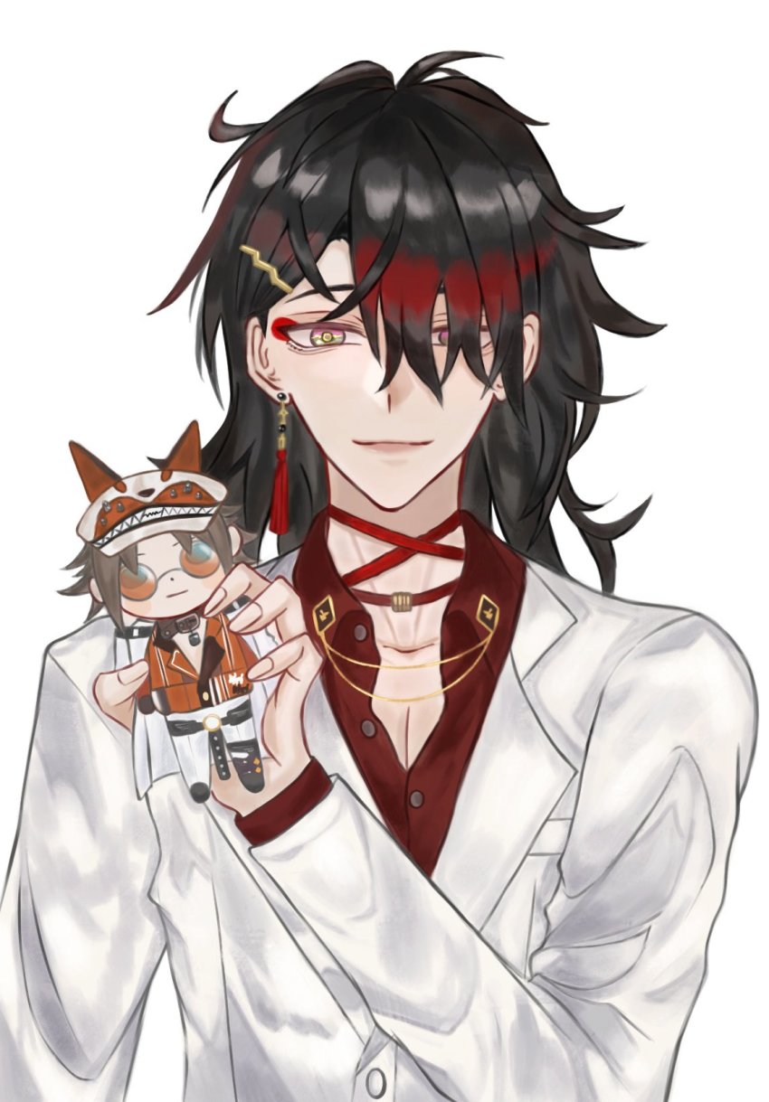 27191nishiikui 2boys animal_ears bishounen black_hair choker doll formal_clothes fox_boy fox_ears hair_over_one_eye hat highres luxiem male_focus multicolored_hair multiple_boys mysta_rias mysta_rias_(1st_costume) nijisanji nijisanji_en short_hair simple_background streaked_hair suit virtual_youtuber vox_akuma vox_akuma_(1st_costume) white_background white_suit