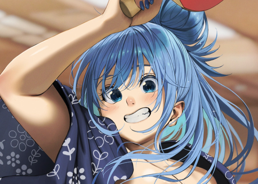 1girl :o aqua_(konosuba) ball blue_eyes blue_hair blue_kimono blush breasts cleavage cropped grin hair_bun holding_table_tennis_paddle izawa_(bhive003) japanese_clothes kimono kono_subarashii_sekai_ni_shukufuku_wo! long_hair looking_at_viewer open_mouth paid_reward_available single_hair_bun smile solo table_tennis table_tennis_ball table_tennis_net