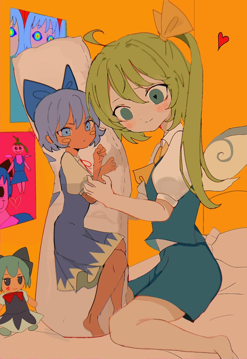 1girl absurdres ascot barefoot bed blue_bow blue_dress blue_eyes blue_hair blue_skirt blue_vest blush_stickers bow child&#039;s_drawing cirno comkdom daiyousei dakimakura_(object) drawing_(object) dress fairy fairy_wings fumo_(doll) green_eyes green_hair hair_bow hair_ribbon heart heart-shaped_pupils highres hugging_object ice ice_wings lipstick_mark on_bed pillow pillow_hug puffy_short_sleeves puffy_sleeves ribbon shirt short_hair short_sleeves side_ponytail skirt smile symbol-shaped_pupils tanned_cirno touhou vest white_shirt wings yellow_ascot yellow_ribbon