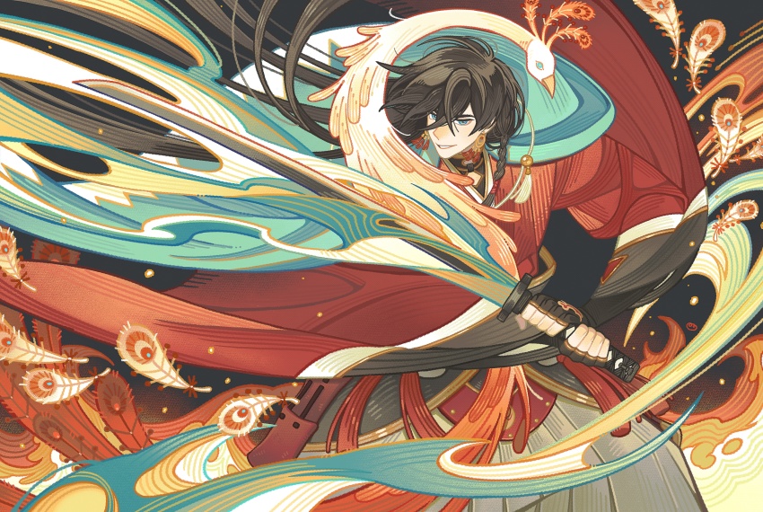 1boy absurdres aqua_cape armor bird black_background black_gloves black_hair black_shirt blue_eyes braid cape earrings embers feathers fighting_stance fingerless_gloves fire gloves grey_hakama hair_between_eyes hakama highres holding holding_sword holding_weapon im_honeybread izumi-no-kami_kanesada japanese_armor japanese_clothes jewelry kimono kote kurokote long_hair long_sleeves looking_at_viewer male_focus parted_lips phoenix red_kimono shirt side_braid smile solo sword tassel tassel_earrings touken_ranbu very_long_hair wakizashi weapon