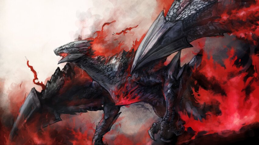 animal_focus claws dragon fire from_side highres looking_at_viewer monster monster_hunter_(series) no_humans open_mouth red_fire seki_(ksooo18) solo valstrax western_dragon wings