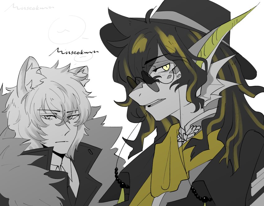 2boys absurdres animal_ears arknights artist_name commentary dragon_boy english_commentary furry furry_male furry_with_non-furry highres interspecies lee_(arknights) leopard_boy leopard_ears looking_at_viewer m_inseokmin multicolored_hair multiple_boys open_mouth pointy_ears profile round_eyewear silverash_(arknights)