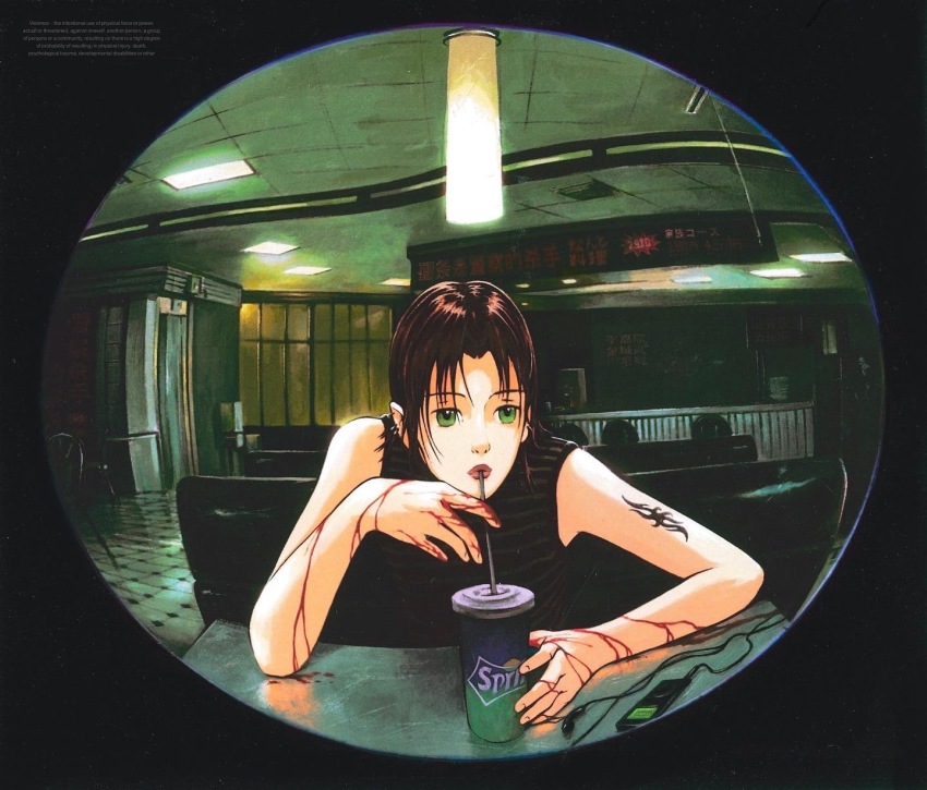 1girl arm_tattoo black_tank_top blood blood_on_arm blood_on_hands brown_hair cup digital_media_player diner disposable_cup drinking fisheye green_eyes highres original shyzzzi solo sprite_(drink) table tank_top tattoo upper_body