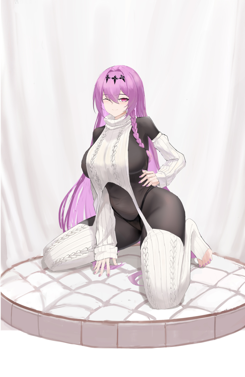 1girl absurdres azur_lane bare_shoulders black_panties bodystocking braid breasts closed_mouth detached_sleeves hair_between_eyes hair_intakes hair_ornament hand_on_own_hip highres kneeling large_breasts light_blush long_hair looking_at_viewer meme_attire navel one_eye_closed panties poltava_(azur_lane) purple_hair purple_nails red_eyes smile solo stomach suo_bu_ye_feng underwear very_long_hair virgin_destroyer_sweater