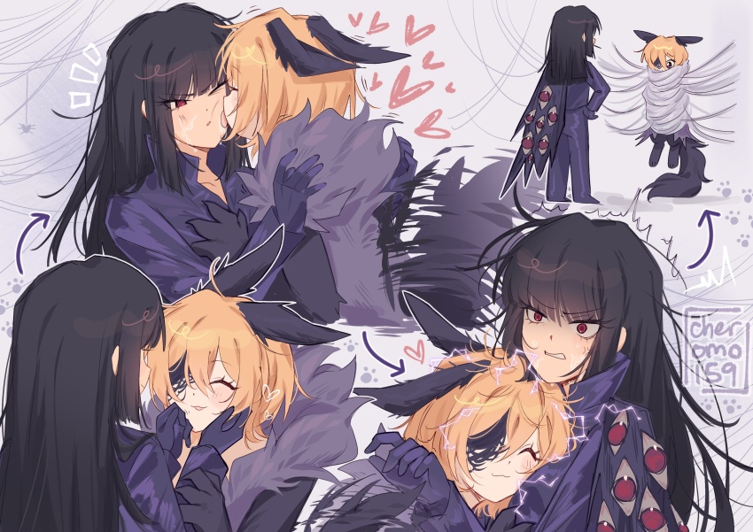 2girls :3 absurdres animal_ears black_hair blonde_hair blush bug cheromo159 closed_eyes coat dog_ears dog_girl dog_tail don_quixote_(project_moon) e.g.o_(project_moon) electricity highres limbus_company long_hair multiple_girls one_eye_covered project_moon purple_coat purple_eyes purple_fur red_eyes ryoshu_(project_moon) short_hair signature silk spider spider_web tail tail_wagging telepole_(e.g.o) trench_coat yuri