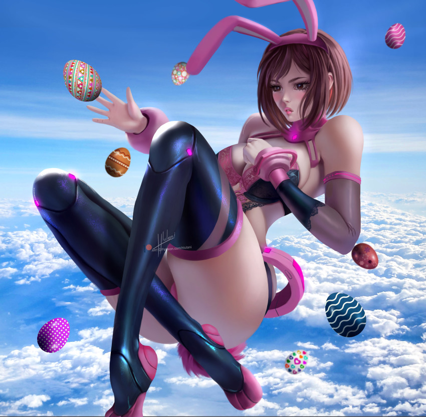 1girl absurdres alternate_costume animal_ears bare_shoulders blush boku_no_hero_academia boots breasts brown_eyes brown_hair rabbit_ears rabbit_tail cleavage easter easter_egg egg highres hlulani large_breasts aged_up parted_lips pink_footwear short_hair solo tail thigh_boots thighhighs uraraka_ochako