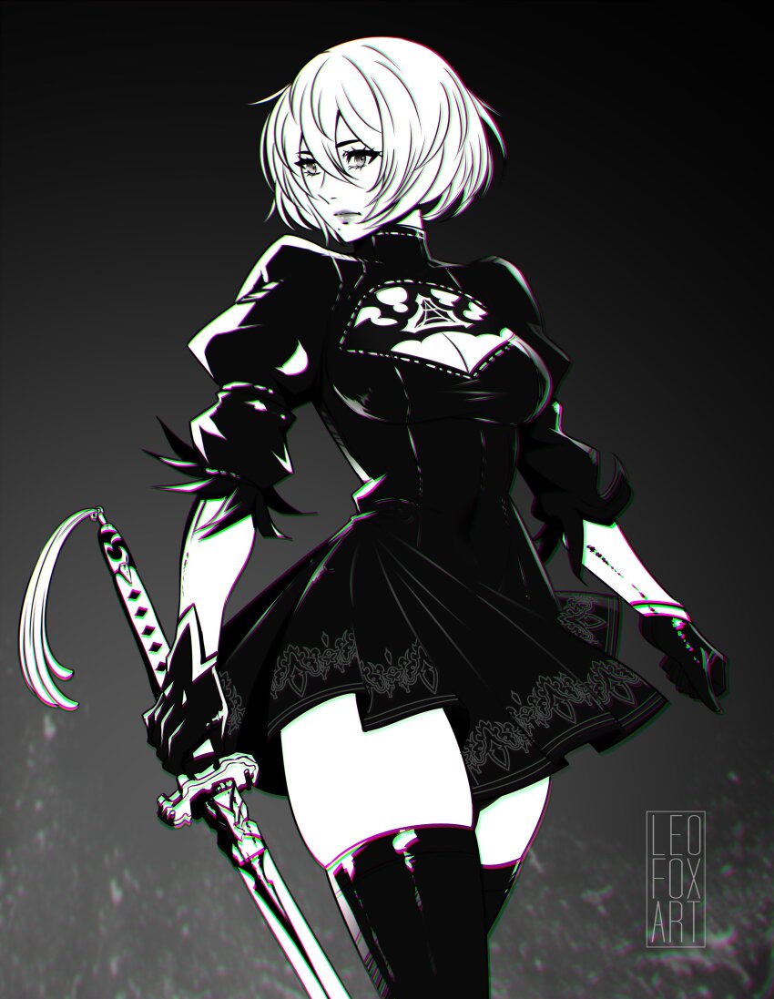 1girl 2b_(nier:automata) absurdres artist_name breasts cleavage cleavage_cutout closed_mouth clothing_cutout commentary commission dress feather_trim gloves gradient_background greyscale highres holding holding_sword holding_weapon leofoxart lips long_sleeves medium_breasts mole mole_under_mouth monochrome nier:automata nier_(series) puffy_sleeves short_dress short_hair solo sword thighhighs turtleneck weapon zettai_ryouiki