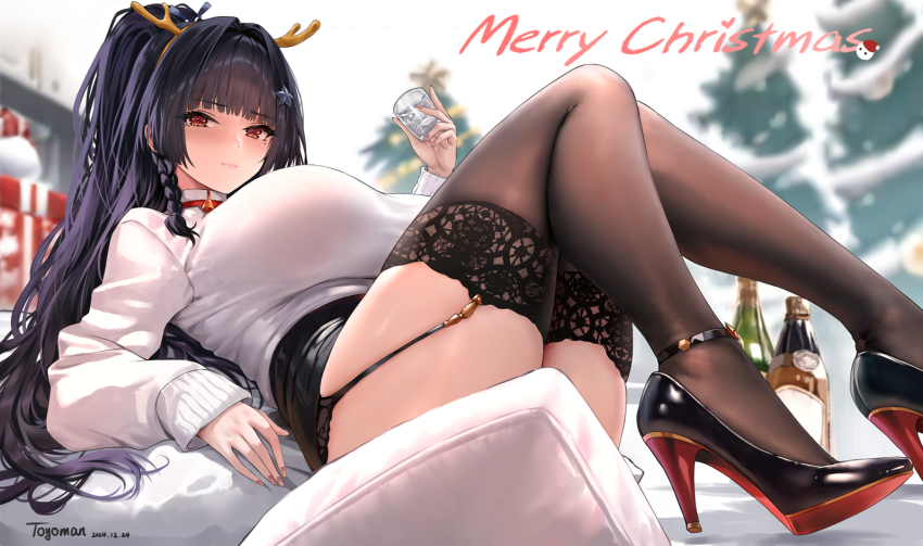 1girl antlers black_hair black_skirt black_thighhighs blush bottle braid breasts closed_mouth fake_antlers hair_ornament high_heels holding horns large_breasts long_hair long_sleeves looking_at_viewer lying merry_christmas on_back ponytail red_eyes red_footwear skirt smile solo star_(symbol) star_hair_ornament sweater tatakau_ni_atai_suru thighhighs thighs toyoman white_sweater yamaguchi_ryoko