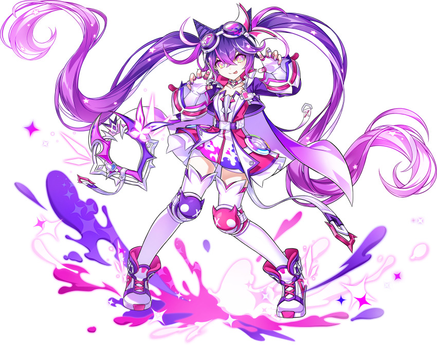 1girl artist_request bandaid bandaid_on_hand black_gloves blush choker claw_pose cone_hair_bun crossed_bangs dress drill_hair elsword fingerless_gloves gloves goggles goggles_on_head hair_bun heart heart_choker heart_o-ring heart_ring_choker highres jacket laby_(elsword) long_hair multicolored_hair nisha_(elsword) o-ring o-ring_choker official_art pink_dress pink_eyes purple_hair purple_jacket second-party_source smile solo streaked_hair tachi-e thighhighs tongue tongue_out transparent_background twins_picaro_(elsword) twintails white_thighhighs