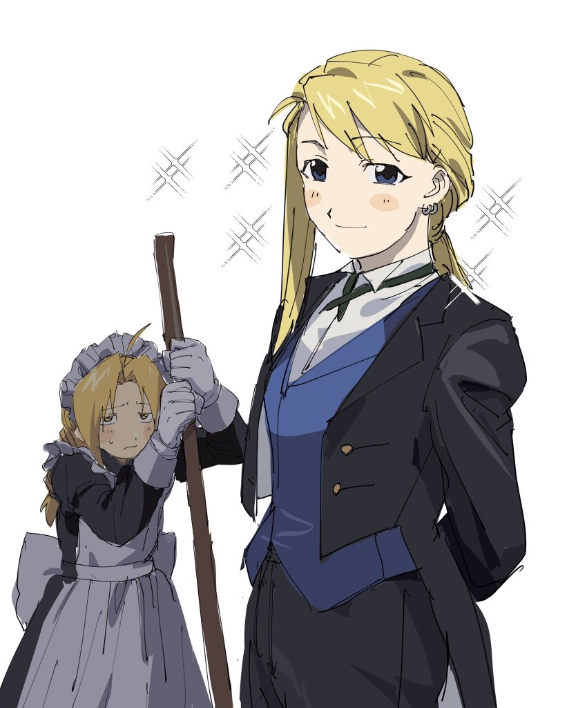 1boy 1girl ahoge apron arms_behind_back back_bow black_dress black_jacket black_pants blonde_hair blue_eyes blue_vest blush bow braid breasts broom brown_eyes collared_shirt cross_tie crossdressing dress earrings edward_elric fullmetal_alchemist gloves hair_bun highres holding holding_broom jacket jewelry long_hair long_sleeves low_ponytail maid maid_apron maid_headdress medium_breasts mmm_b0 multiple_earrings pants parted_bangs shirt single_braid single_side_bun sketch sparkle suit_jacket sweatdrop swept_bangs tailcoat upper_body vest waistcoat white_apron white_background white_gloves white_shirt winry_rockbell