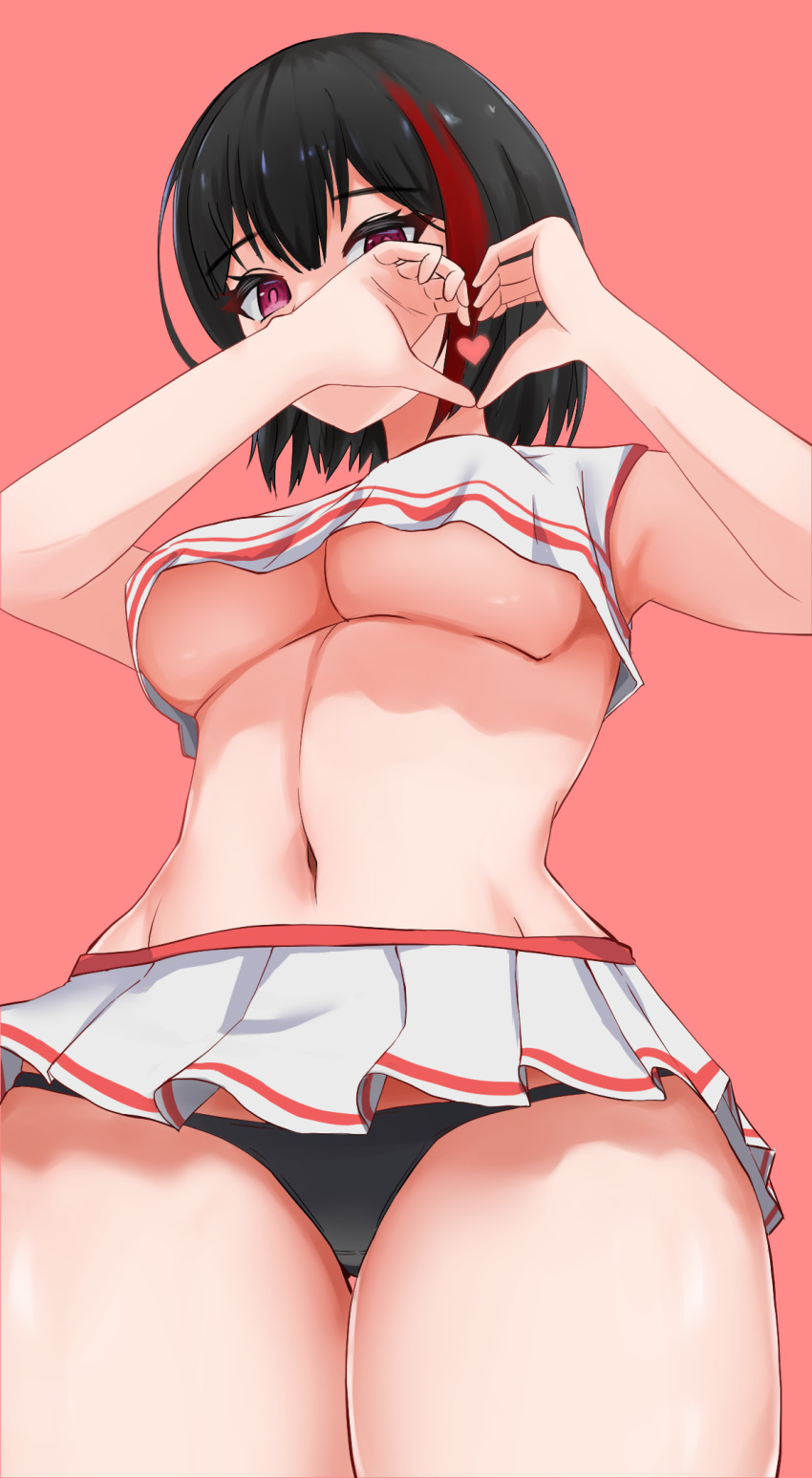 1girl armpits artist_request bang_dream! black_hair black_panties breasts covering_face dyed_hair heart highres medium_breasts mitake_ran mulitcoloured_hair panties pink_eyes short_hair simple_background skirt solo tagme underboob underwear