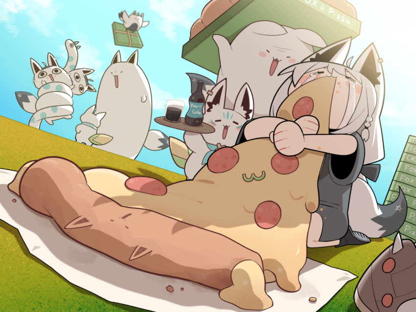 1girl :3 absurdres animal_ears blue_sky blush_stickers cocomayo29_(tomato) crying eating food fox_ears fox_girl fox_tail fubuzilla_(shirakami_fubuki) glass grey_shirt highres holding holding_food holding_pizza holding_tray hololive miteiru_(shirakami_fubuki) oruyanke_(shirakami_fubuki) pepperoni_pizza pizza pizza_box pizza_slice shirakami_fubuki shirt sky soda_bottle streaming_tears sukonbu_(shirakami_fubuki) tail tears tray virtual_youtuber white_hair